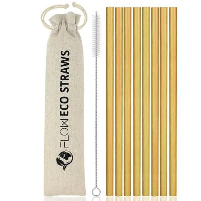 Image of FLOW Barware Reusable Bamboo Drinking Straws Set of 8 Biodegradable Eco Friendly with Storage Bag &amp; Brush 100% Organic Natural