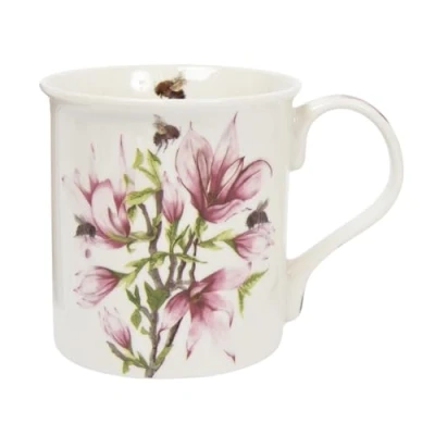 Image of Ceramic Mug Fine China Drinking Coffee Cup Bee tanical Magnolia Floral Design