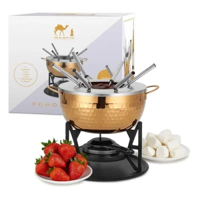 Image of Silk Route Home Fondue Set, 6 Stainless Steel Forks, Melted Cheese, Chocolate Melting Pot