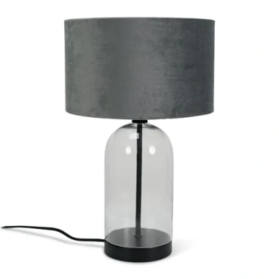 Image of Glass and Black Metal Bedside Table Lamp with a Grey Velvet Lampshade Living Room Bedroom Light