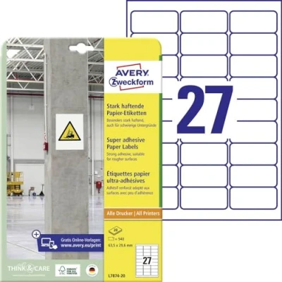 Image of Avery Zweckform L7874 Adhesive Labels 63.5 x 29.6 mm, 20 Sheets/540 Labels/White