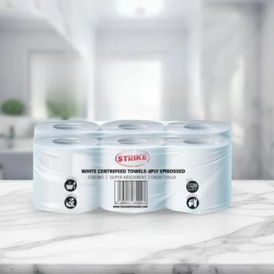 Image of Strike White Centre Feed Rolls Embossed 2ply Wiper Paper Towel 50M p/Rolls 6 Per Pack Family Disposable Kitchen Cleaning Household (24 Rolls) (6