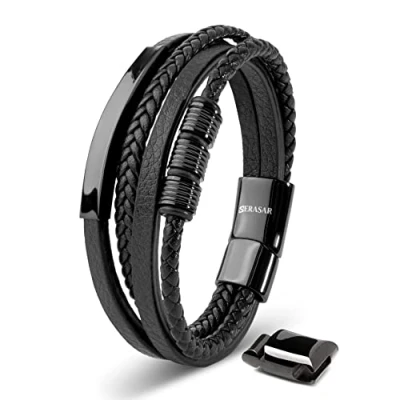 Image of SERASAR Men&#039;s Black Leather Bracelet 23cm Men Gift Box Genuine Braided Multi Layer Wrap Rope Male Bracelets Jewellery Magnet