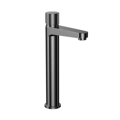 Image of Tall Mono Basin Mixer Tap Brass Construction Stylish Fluted Handles Easy Installation Compact Design (Gunmetal)
