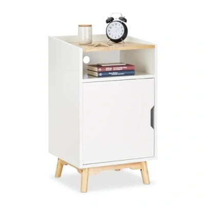 Image of Relaxdays Nightstand with Wooden Legs, Scandinavian Design, Door, Open Compartment, Bedside Table 74 x 43 40 cm, White