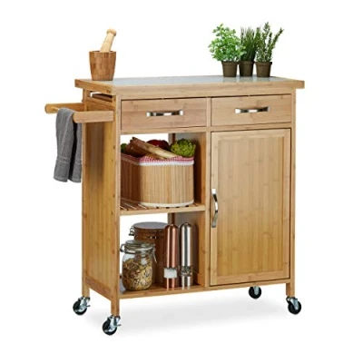 Image of Relaxdays Wooden Kitchen Cart, Bamboo, 4 Wheels, Marble Tabletop, with Drawer, HxWxD: 85.5 x 89.5 36 cm, Natural