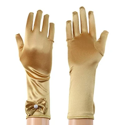 Image of RUNHENG Kids Stretchy Satin Long Finger Dress Bowknot Gloves, 29cm (yellow Gold)