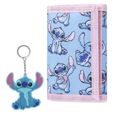 Image of Disney Stitch Kids Wallet and Keyring Gift Set Cute Trifold with Coin Purse Card Slots Keychain Gifts (Blue Stitch)