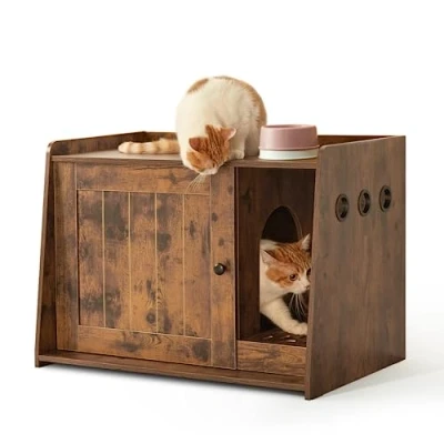 Image of Mondeer Cat Litter Box Enclosure, Wooden Kitty Hidden Washroom Toilet with Door and Holes, Industrial Indoor Houses for Living Room Bedroom Hallway, Rustic Brown