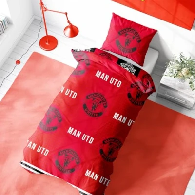 Image of Character World Manchester United Single Duvet Cover Set, Honour Design Red Reversible 2 Sided Football Bedding Official Merchandise Including Matching Pillow Cases