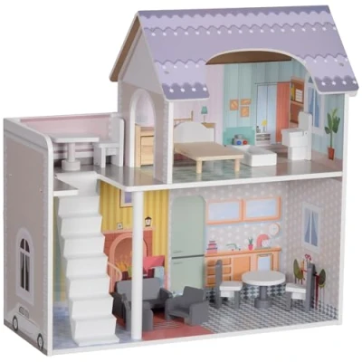 Image of AIYAPLAY Dolls House with 13 Pieces Furniture and Accessories, 2 Storey Play Set Balcony, Pretend Game, Gift for Boy &amp; Girls Aged 3 6 Years Old