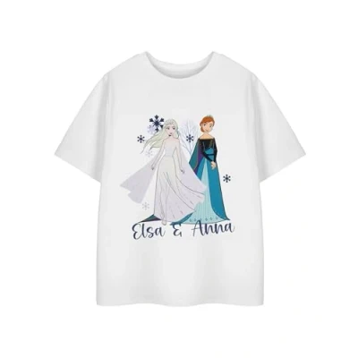 Image of Disney Frozen Elsa &amp; Anna Girls White Short Sleeved T Shirt Princess Graphic Tee with Snowflakes for Kids Movie Top Character Apparel Merchandise Gift