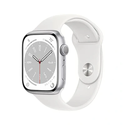 Image of Apple Watch Series 8 (GPS, 45mm) Silver Aluminium Case with White Sport Band (Renewed)