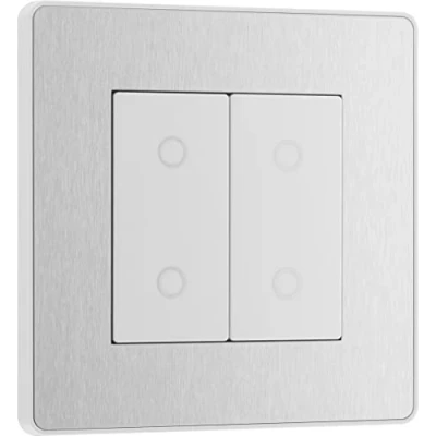 Image of BG Electrical Secondary/Slave Double Touch Dimmer Light Switch, 2 Way, Screwless Front Plate, Evolve, Brushed Steel, PCDBSTDS2W