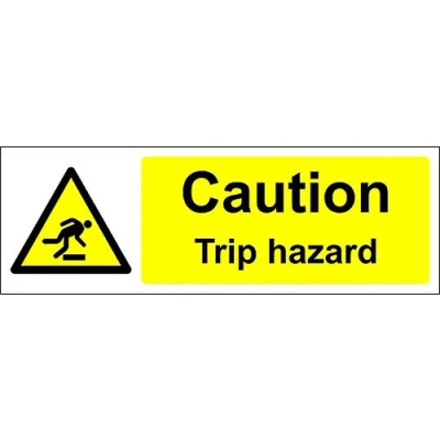 Image of Warning Caution trip hazard safety sign Self adhesive sticker 150mm x 50mm