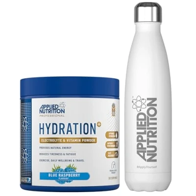 Image of Applied Nutrition Hydration Electrolyte &amp; Vitamin Powder + White Steel Flask 500ml Natural Energy Reduces Tiredness Optimise (240g 30 Servings)(Blue Raspberry)