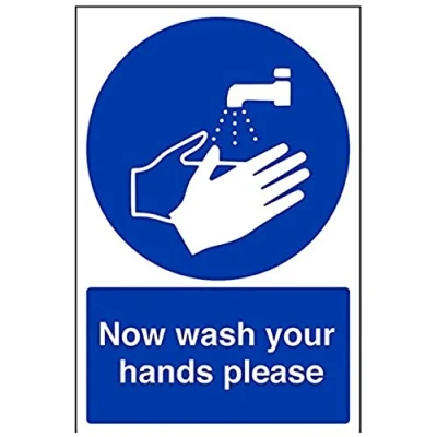 Image of V Safety Now Wash Your Hands Please Sign Portrait 200mm x 300mm Self Adhesive Vinyl Blue