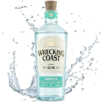 Image of Wrecking Coast London Dry Gin Classic British Craft Elevated With Refreshing Bursts Of Lemon, Orange and Juniper. Cornish Gin, 70cl, 40% ABV