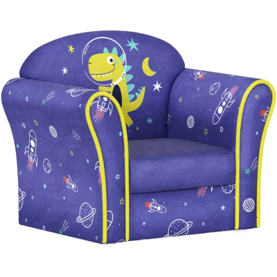 Image of AIYAPLAY Kids Sofa Chair, Toddler Armchair with Planet and Dinosaurs Design, Wooden Frame, Upholstered Chair for Bedroom, Playroom, Room, Blue