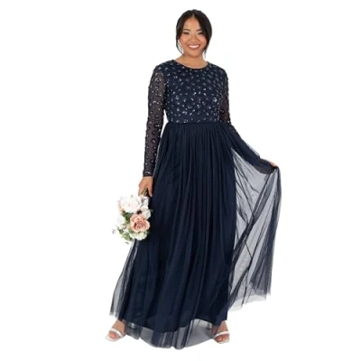 Image of Maya Deluxe Women&#039;s Ladies Maxi Dress Long Sleeve Round Neck Sequin Embellished Tulle Floral A line for Occasion Prom Ball Gown, Navy Blue, 16