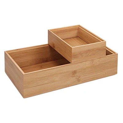Image of Navaris Bamboo Storage Boxes Set of 2 Wooden Stackable Box Organisers for Bedroom, Kitchen, Bathroom, Living Room, Makeup, Jewellery, Accessories White
