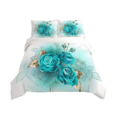 Image of Duvet Cover Set Rose Flower 3D Digital Printing Romantic Floral Bedding Girl Woman Black Blue Gold Red Quilt with Pillowcase, Microfiber (Light Blue, Double)