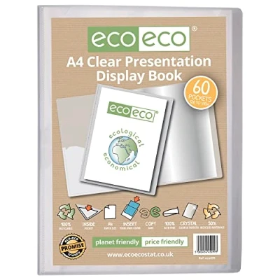 Image of eco A4 Size 50% Recycled 60 Pocket Clear Presentation Display Book, Storage Case Portfolio Art Folder with Plastic Sleeves, eco099