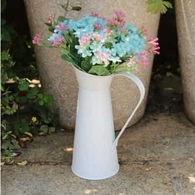 Image of Inovey White Vintage Shabby Chic Cream Vase Enamel Pitcher Jug Pot Tall Metal Wedding Decor