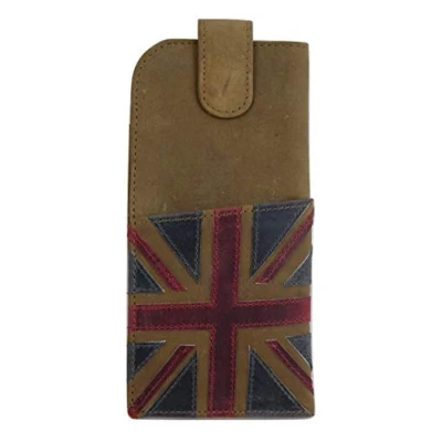 Image of Union Jack Glasses case Soft leather Wide tab top by Mala (Brown)