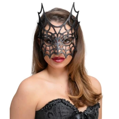 Image of Wicked Costumes Black Glitter Spider Mask Halloween Fancy Dress Costume Accessory