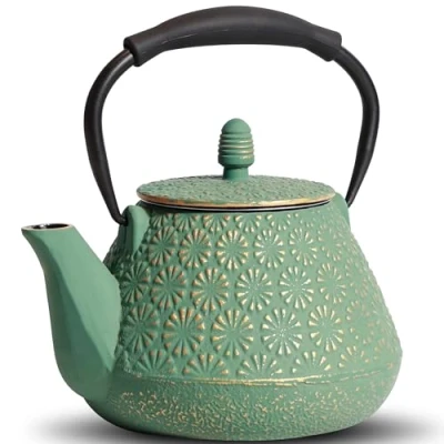 Image of MILVBUSISS Cast Iron Teapot, 950ml Japanese Sakura Blossom Pattern Tea Kettle, Stovetop Safe, Infuser for Loose Leaf &amp; Coffee, Silicone Handle, Enamel Interior, 32oz Green