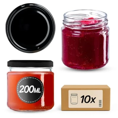 Image of KADAX Glass Jars 200 ml, Small Preserving with Metal Lids for Homemade Jam and Honey, Storing Spices Herbs (Black Lids, Set of 10)
