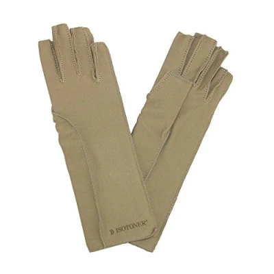 Image of Isotoner Therapeutic Compression Fingerless Gloves, Large, Camel Tan