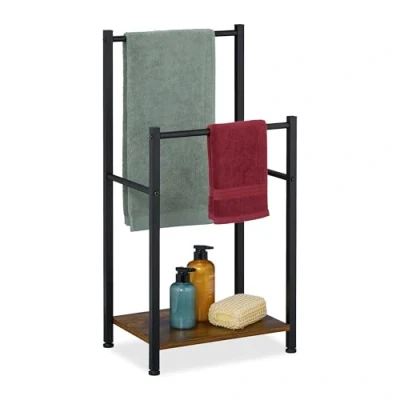 Image of Relaxdays Towel Rack with Shelf, 2 Bars, HWD: 80 x 40 28 cm, Freestanding Rails, Bathroom Airer Stand, Brown/Black, Fibreboard, Iron
