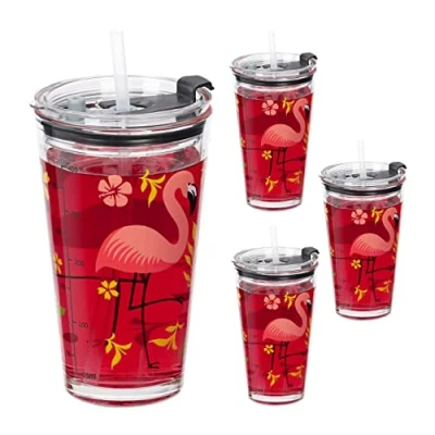 Image of Relaxdays 4x Children&#039;s Cups, Flamingo Motif, Drinking Glass for Kids and Adults, Lid &amp; Straw, 450 ml Scale, Transparent