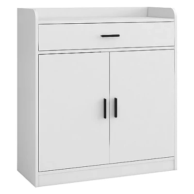 Image of Panana Wooden Shoe Cabinet, 2 Door 1 Drawer Freestanding Wall Hidden Rack Cupboard Hallway Storage Footwear Organiser Sideboard Unit (White)