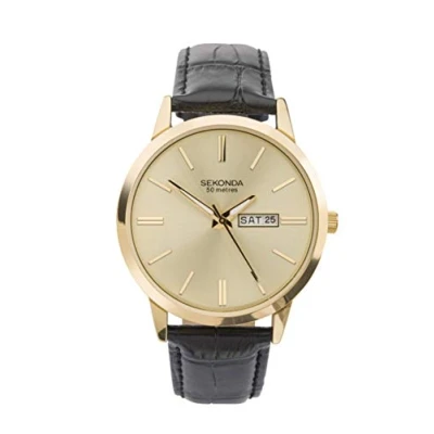 Image of Sekonda Classic Mens 40mm Quartz Watch in Gold with Analogue Day/Date Display, and Black Leather Strap 1838.