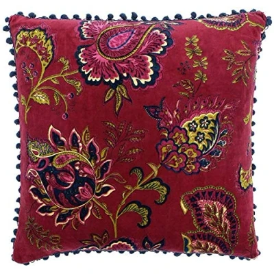 Image of Riva Paoletti Malisa Square Cushion Cover Pomegranate Red Paisley Indian Print Faux Velvet Fabric Blue Pompom Edges Machine Washable 100% Cotton 50 x 50cm (20&quot; 20&quot; inches)