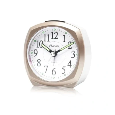 Image of Ravel Midsize Small Two Toned Pastille Alarm Clock with Snooze and Light Analogue Quartz RC047.2 White/Bronze