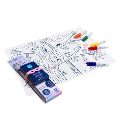 Image of SUPER PETIT Educational Game Placemat Reusable Colouring Magic Tree 5 Felt Tip Pens And Bracelet Included Easy To Clean Antibacterial For Ages 3+