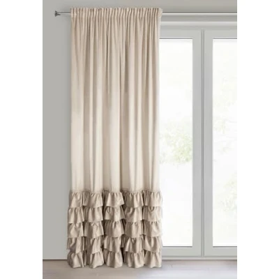 Image of Eurofirany Carli Velvet Curtain with Ruffle, Ruffle Tape, 1 Piece, Opaque, Blackout, Exclusive for Living Room, Bedroom, 140 x 250 cm, Beige