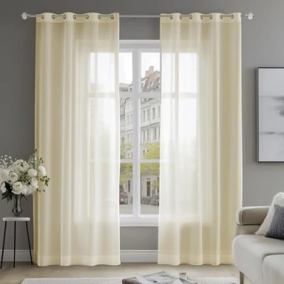 Image of Deconovo Linen Look Semi Transparent Sheer Voile, Window Curtains for Bedroom, 55 x 54 Inch(Width Length), Beige, 2 Panels