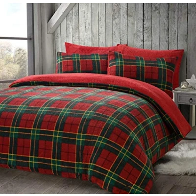 Image of click2style Tartan Teddy Fleece Extra Plush Duvet Cover Bedding Set Quilt With Pillow Cases (Tartan Red, King)