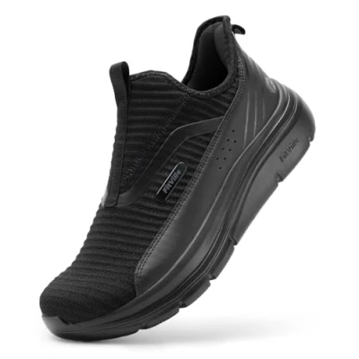 Image of FitVille Mens Wide Fit Slip On Trainers Extra Width Walking Shoes for Swollen Feet, Foot Pain Relief &amp; High Rebound 9 UK Jet Black