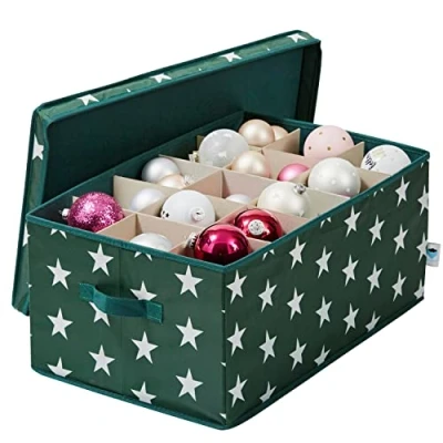 Image of LOVE IT STORE Storage Box for Christmas Baubles Decoration Made of Fabric Reinforced with Cardboard 30 Compartments Dark Green Stars 58 x 36 25 cm