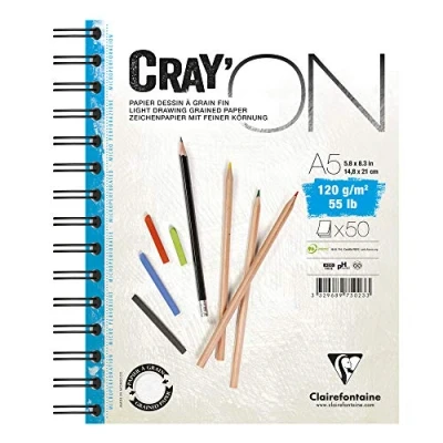 Image of Clairefontaine Ref 975023C Cray&#039;On White Wirebound Sketch Pad (50 Sheets) A5 (14.8 x 21cm) Size, 120gsm 100% Cellulose Paper, Grained One Size &amp; Smooth Other Side