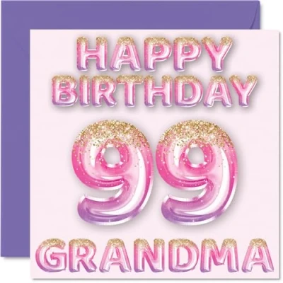 Image of 99th Birthday Card for Grandma Pink &amp; Purple Glitter Balloons Happy Cards 99 Year Old from Grandson Granddaughter, 145mm x Bday Greeting Gift