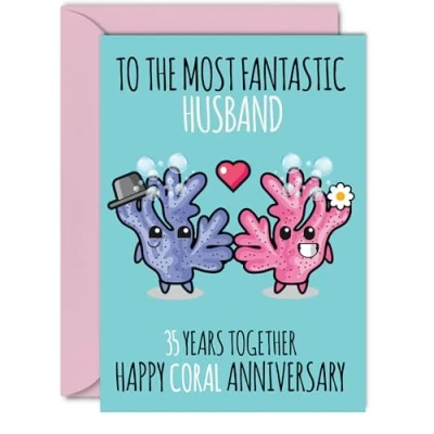 Image of Cute Coral Anniversary Card for Husband 35 Years Together Happy 35th Wedding Cards from Wife, A5 Greeting Thirty Fifth Anniversaries