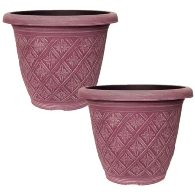 Image of Fyne Finds Set of 2 Round 40cm, 16inch Garden Plastic Plant Pot Weatherproof Woven Flower Outdoor Drainage Hole Deco Planter (Pink)