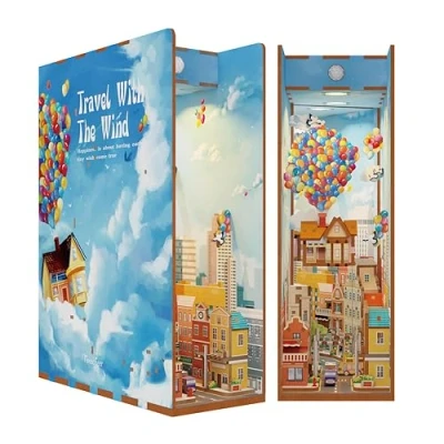 Image of Tonecheer DIY Book Nook Kit Wooden Model 3D Puzzle for Adults to Build Miniature House Craft Booknooks Kits With Light Shelf Decor Christmas Birthday Gifts(Travel The Wind)